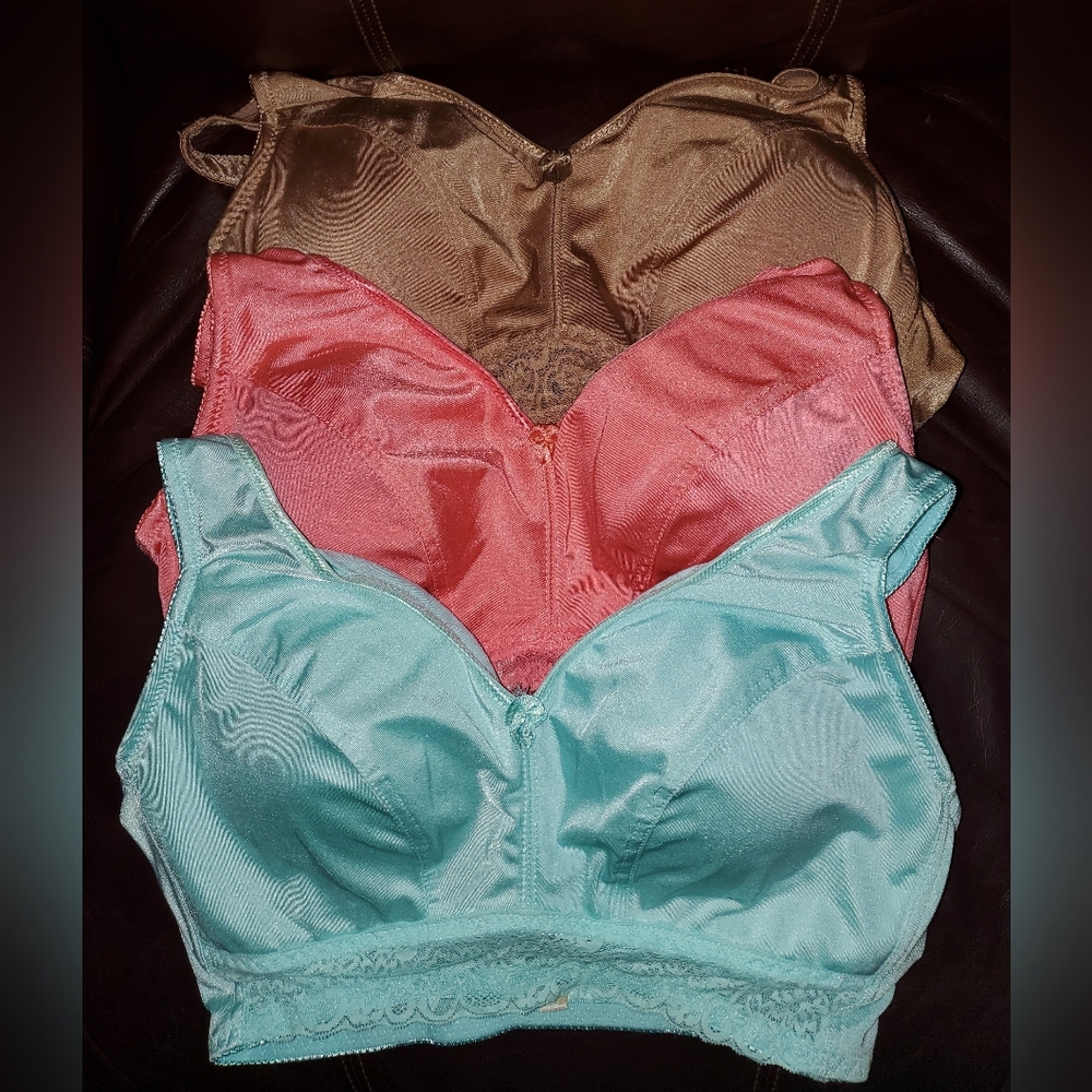 Rhonda Shear Lace Trim Bralette Trio - Aqua, Coral, Beige